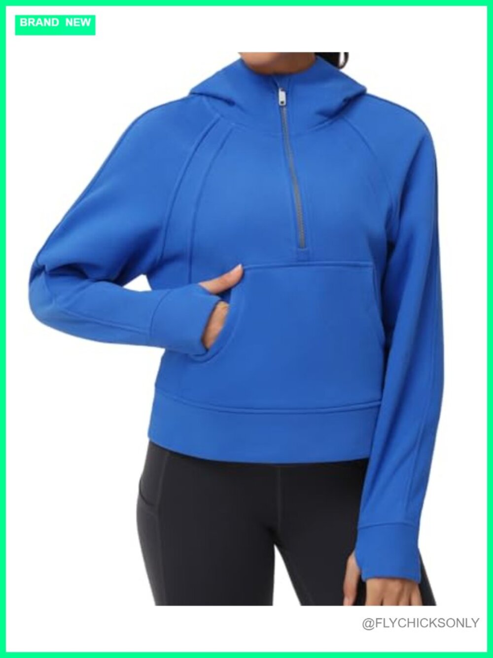 Half Zip Fleece Crop Pullover Hoodie with Thumb Holes Kangaroo Pocket